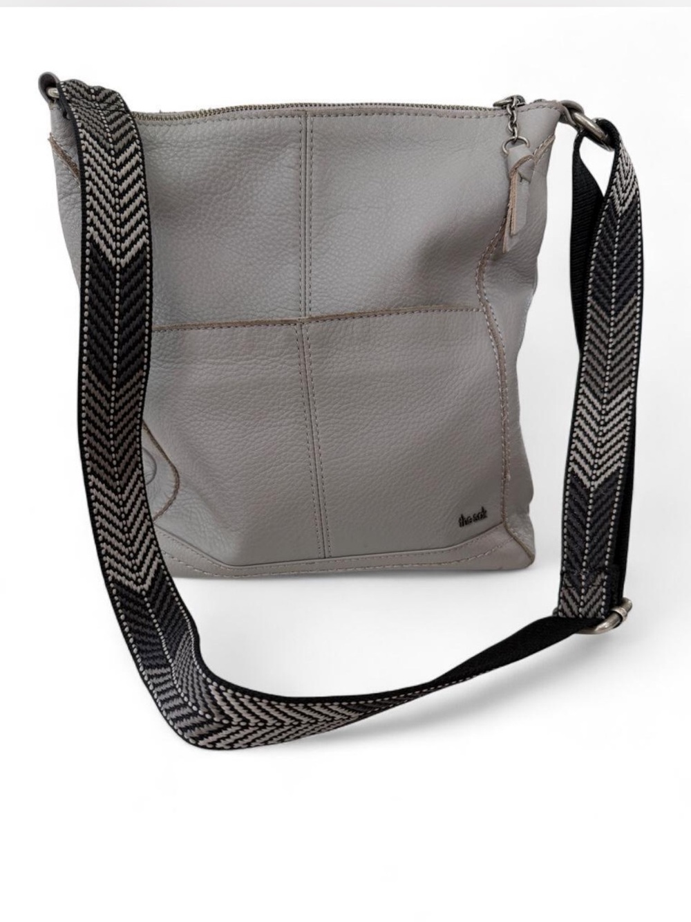 The Sak Grey Leather Crossbody Bag Chevron Strap